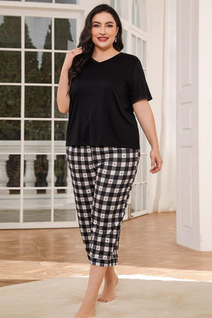 Black V-neck tee with cropped heart check lounge pants