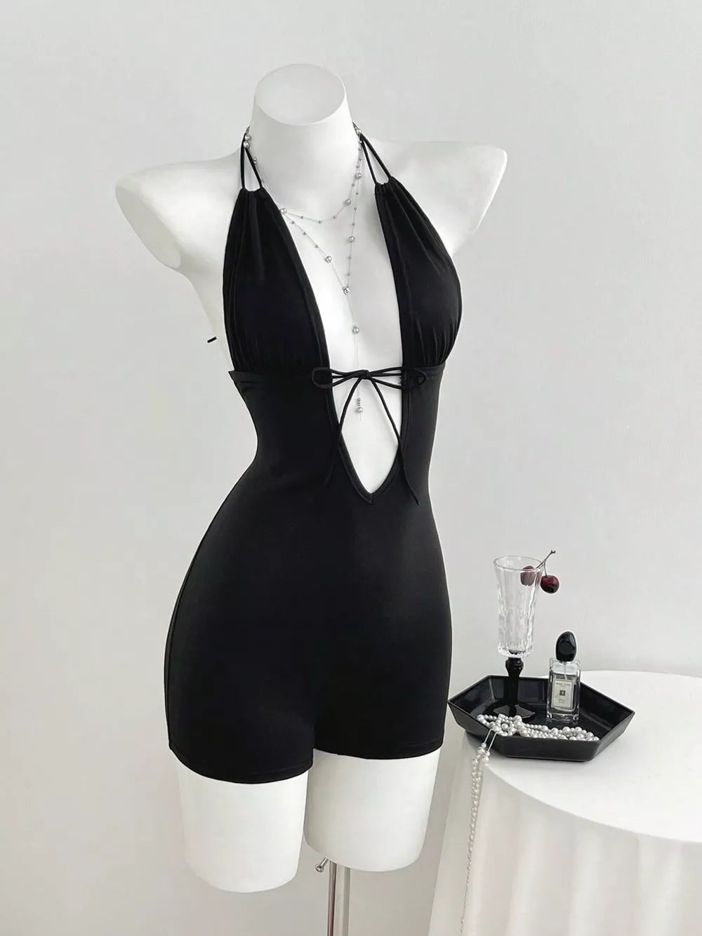Tied Front Halter Neck Romper, close-up detail