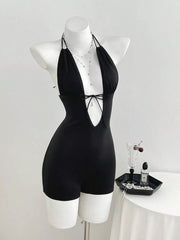 Tied Front Halter Neck Romper, close-up detail