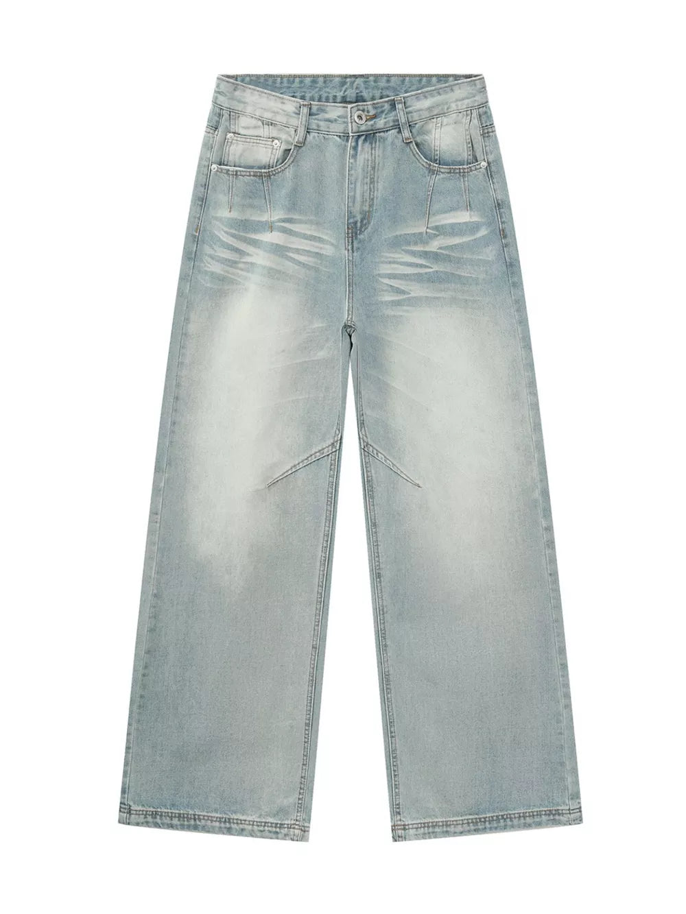 Light wash cotton wide-leg jeans with vintage fading and a relaxed fit.