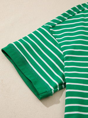 Green and white striped cotton t-shirt with crew neck and short sleeves.