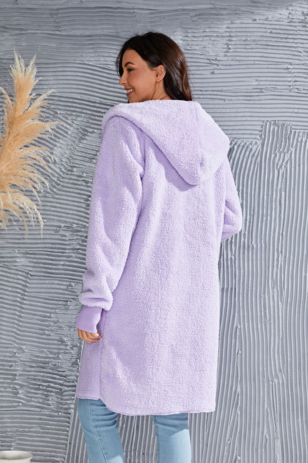 Plush hooded duster robe in lavender with thumbhole cuffs.