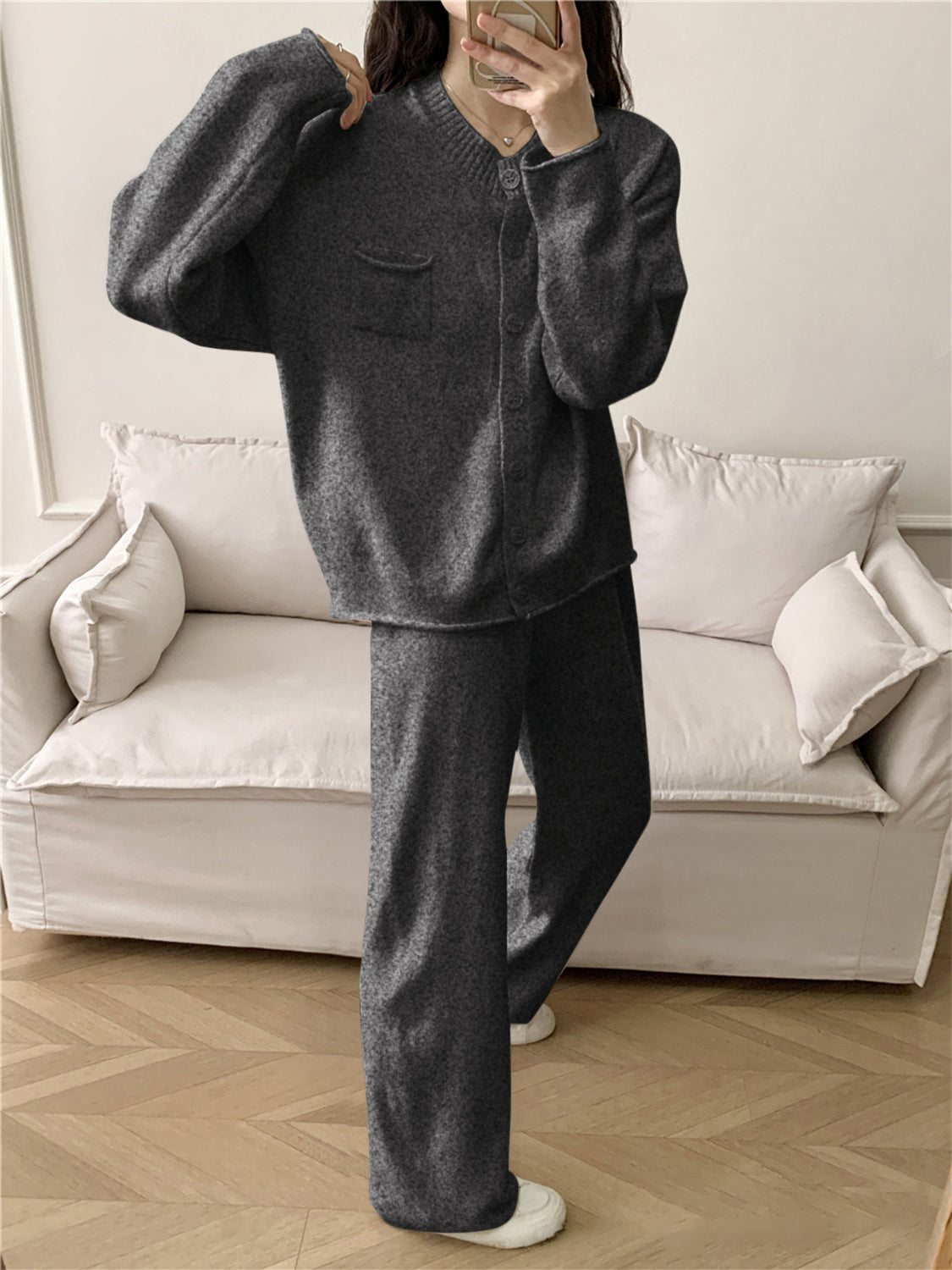 Dark Gray ribbed knit cardigan and wide leg pants set with button front and pocket detail.