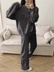 Dark Gray ribbed knit cardigan and wide leg pants set with button front and pocket detail.