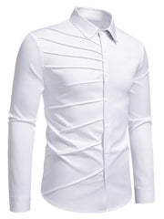 White cotton long sleeve button-up shirt with asymmetrical ruched detailing on the front.