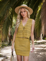 Crochet tie-front tank and mini skirt set in chartreuse with open knit detail.