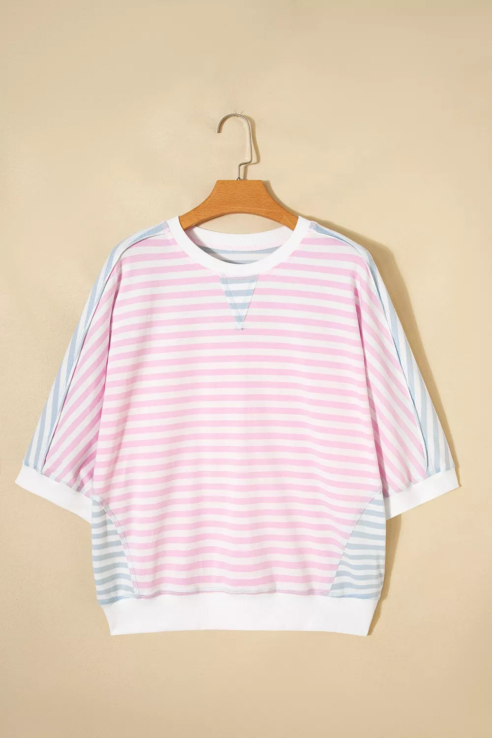 Casual Stripe Oversize Dolman Sleeve T Shirt in Blush Pink, close-up detail