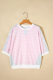 Casual Stripe Oversize Dolman Sleeve T Shirt in Blush Pink, close-up detail