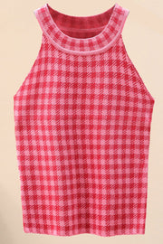 Houndstooth knit halter tank top in hot pink and deep red with a rounded neckline.