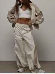 Color Block Zip Up Outerwear And Pants Set in Grey, model styling view