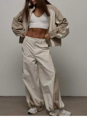 Color Block Zip Up Outerwear And Pants Set in Grey, model styling view