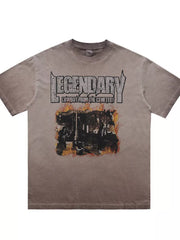 Khaki cotton blend t-shirt with bold cowboy graphic and distressed lettering.