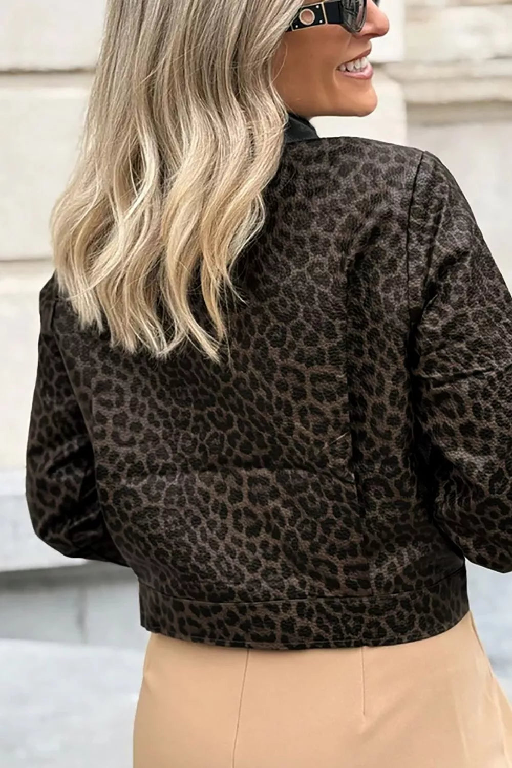 Leopard Print Cropped Faux Leather Jacket in Black, back view