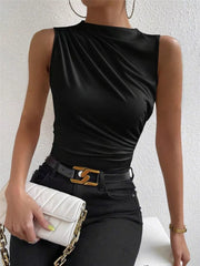 Black ruched mock-neck tank top with draped detail, polyester.
