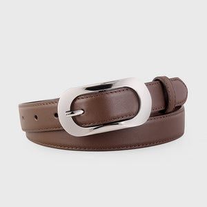 Brown cowhide belt with polished silver oval buckle