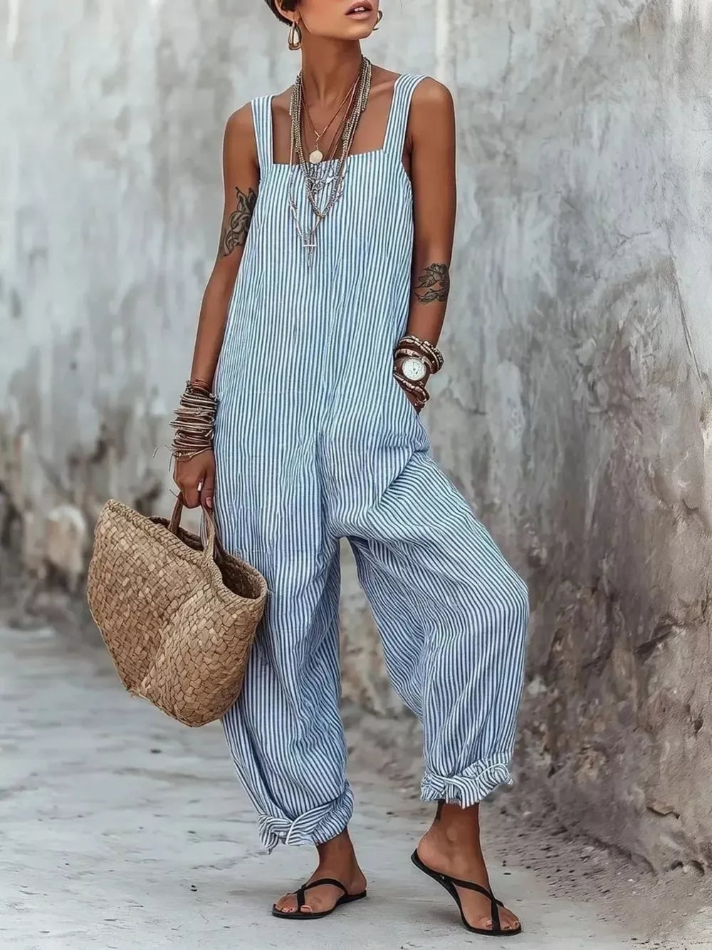 Full Size Striped Wide-leg Jumpsuit Plus Size, close-up detail