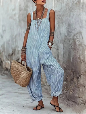 Full Size Striped Wide-leg Jumpsuit Plus Size, close-up detail
