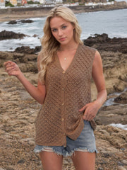Camel openwork button-down knit vest with V-neck and button closure.