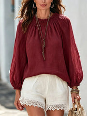 Round Neck Balloon Sleeve Blouse in Army Green, alternate angle