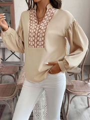 Tan blouse with geometric yoke and balloon sleeves
