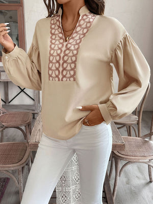 Tan blouse with geometric yoke and balloon sleeves