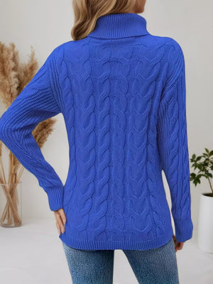 Royal Blue cable-knit turtleneck sweater with ribbed cuffs and hem.