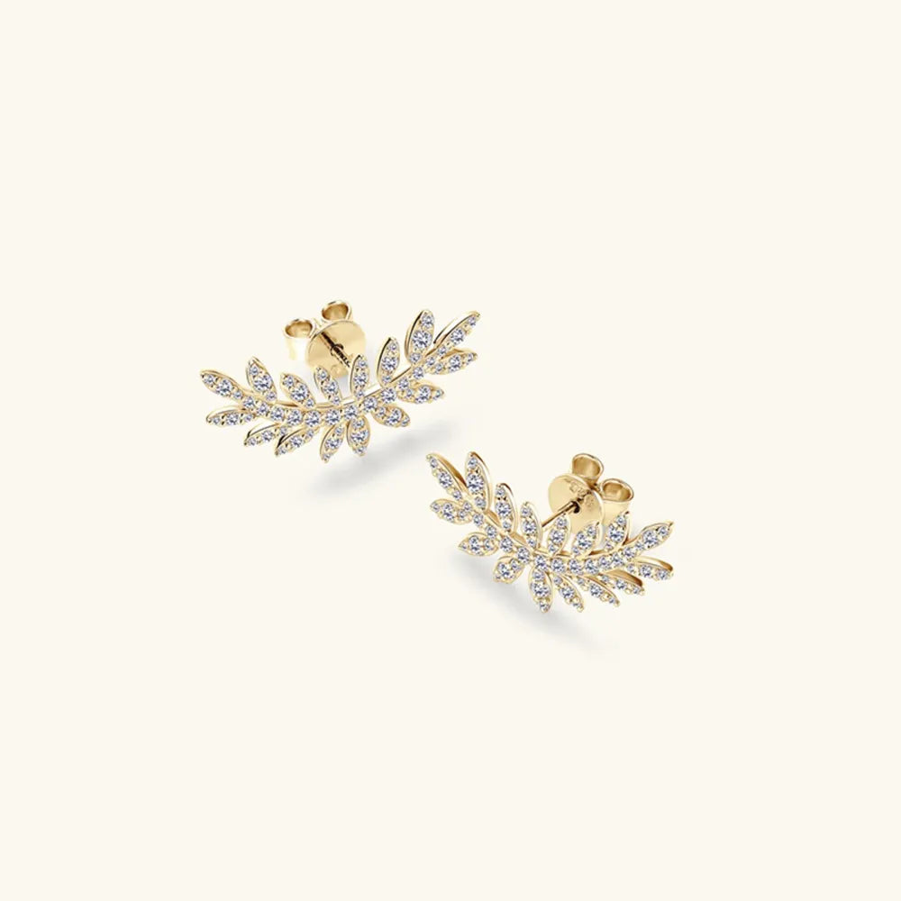 Gold leaf climber earrings with clear crystals
