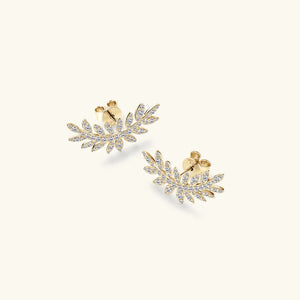 Gold leaf climber earrings with clear crystals