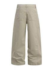 Khaki cotton sweatpants with wide legs, button closure, belt loops, and back pockets.