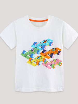 White 100% cotton t-shirt with a colorful racing car graphic and orange neck trim.