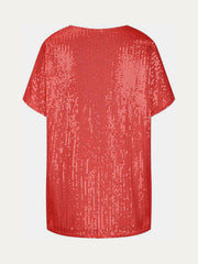 Red sequin slouchy v-neck top with short sleeves