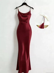Burgundy cowl neck maxi dress with pearl strap detail