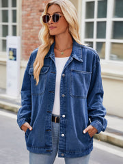 Medium blue denim oversized shacket with button-down front and chest pockets.
