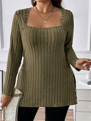 Moss ribbed knit tunic with square neckline and long sleeves.