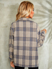 Checkered collared jacket in blue and brown plaid with button closure.