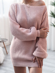 Light Mauve acrylic sweater dress with off-the-shoulder neckline and balloon sleeves.