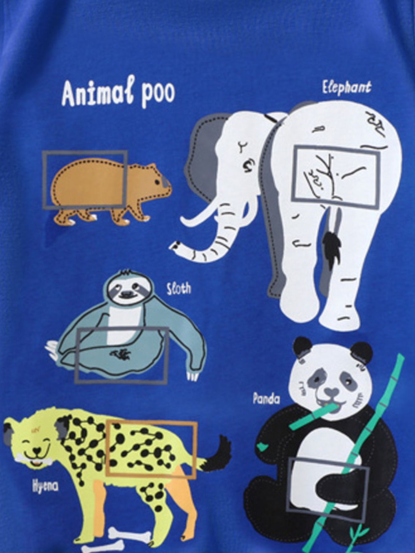 Royal blue cotton t-shirt with playful animal print and text.