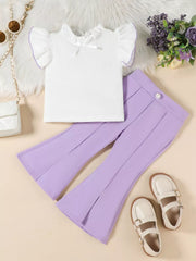 Baby ruffle-trimmed top with bow and flare pants set in purple.