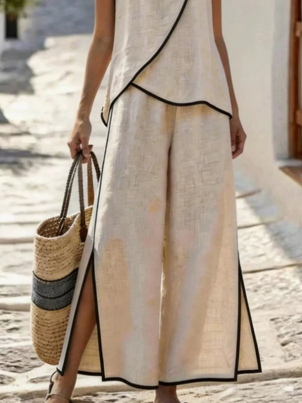 Contrast Trim Top And Slit Pants Set, side view