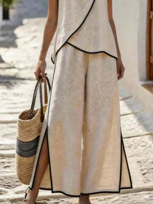 Contrast Trim Top And Slit Pants Set, side view
