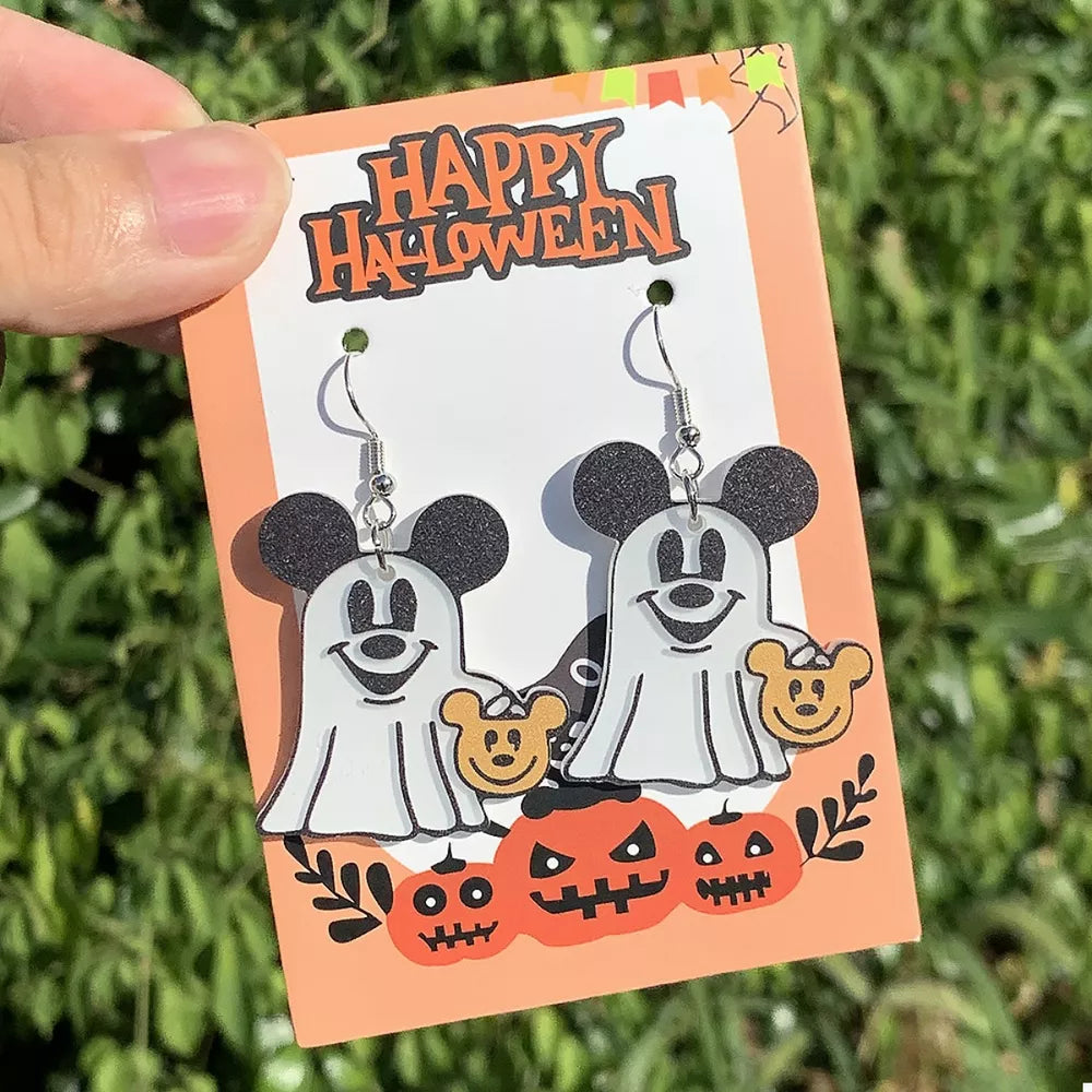 Charming Ghostly Mickey dangle earrings in black acrylic with Halloween pumpkins.