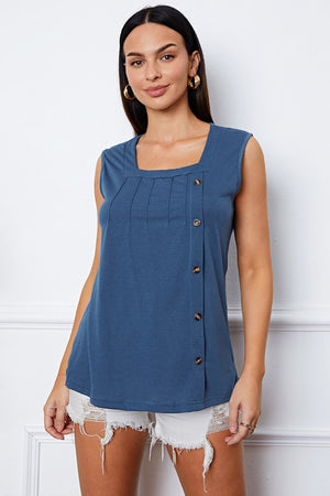 Dark blue square neck button-down tank top with pintuck detail