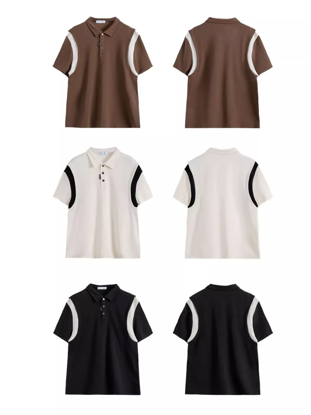 Men's contrast panel casual polo shirt in beige, brown, and black cotton with short sleeves and buttoned placket.