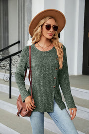 Army green ribbed tunic top with asymmetric hem and button detail