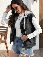 Black denim hooded vest with drawstring detail and button closure