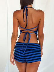 Blue striped halter neck crop top and shorts set with tie back detail