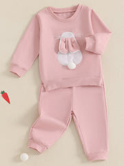 Pink cotton baby outfit set with a bunny applique on the sweatshirt.