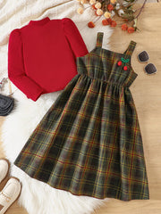 Girls' red long sleeve top and multicolor plaid dress set with cherry detail.