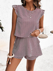 Burgundy and white patterned co-ord set with ruffle sleeves and shorts.