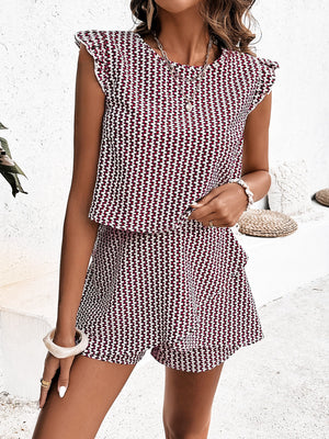 Burgundy and white patterned co-ord set with ruffle sleeves and shorts.